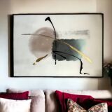 Peinture sur verre aquarelle et or abstraction important encadrement