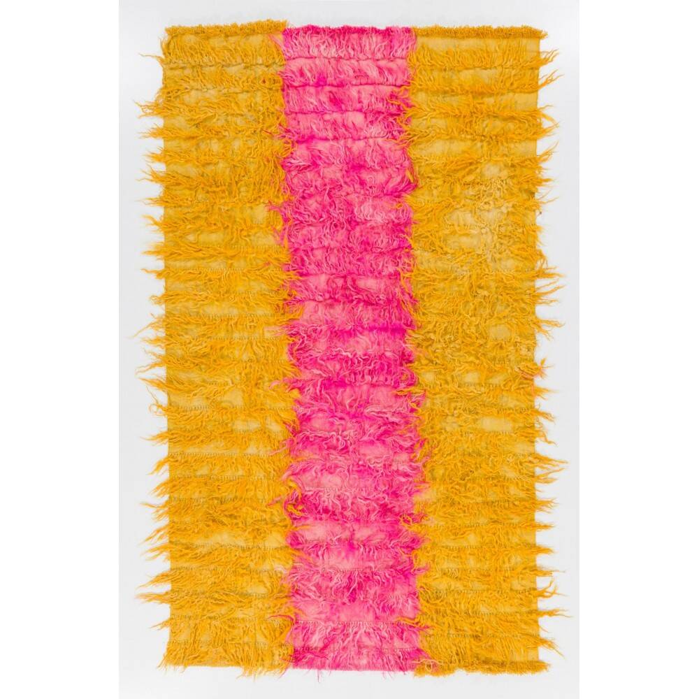 New Hand-Knotted Shag Pile Tulu Rug in Hot Pink and Yellow, 100% Mohair Wool