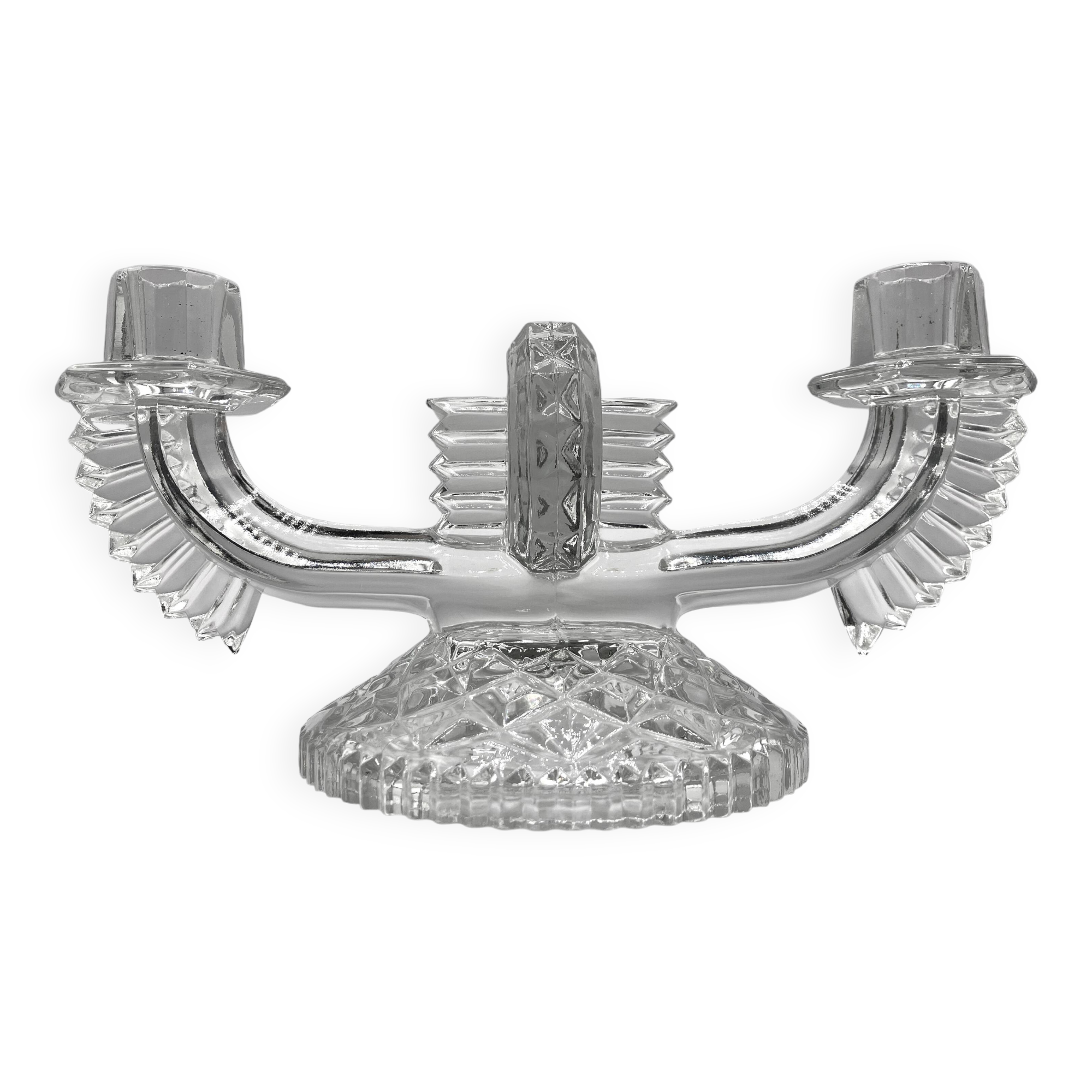 SKLO UNION Libochovice double candlestick • 2-flame pressed glass candle holder • Art Deco