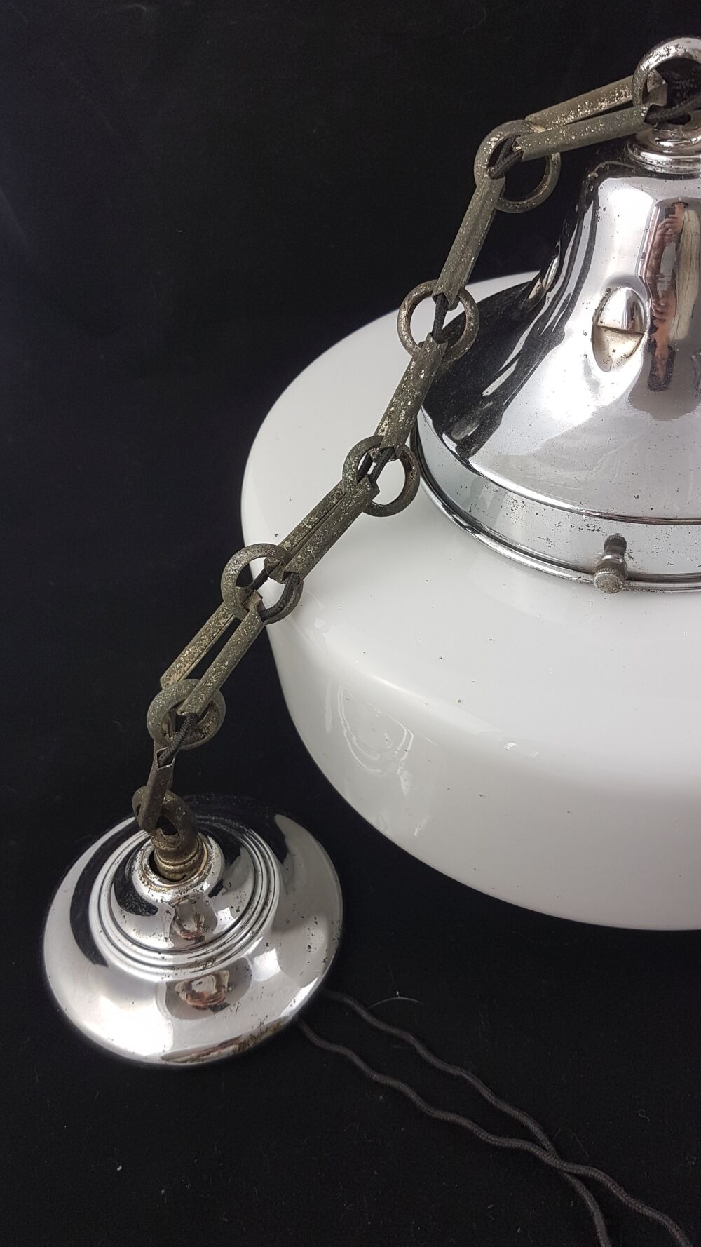 Art deco, metal and opaline hanging lamp