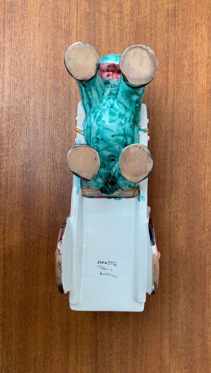 Vintage Italian hand-painted sculpture of a donkey with a cart in the shape of a bowl from Deruta, Italy.