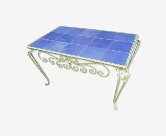 Coffee table ceramic tiles & vintage wrought iron pietement
