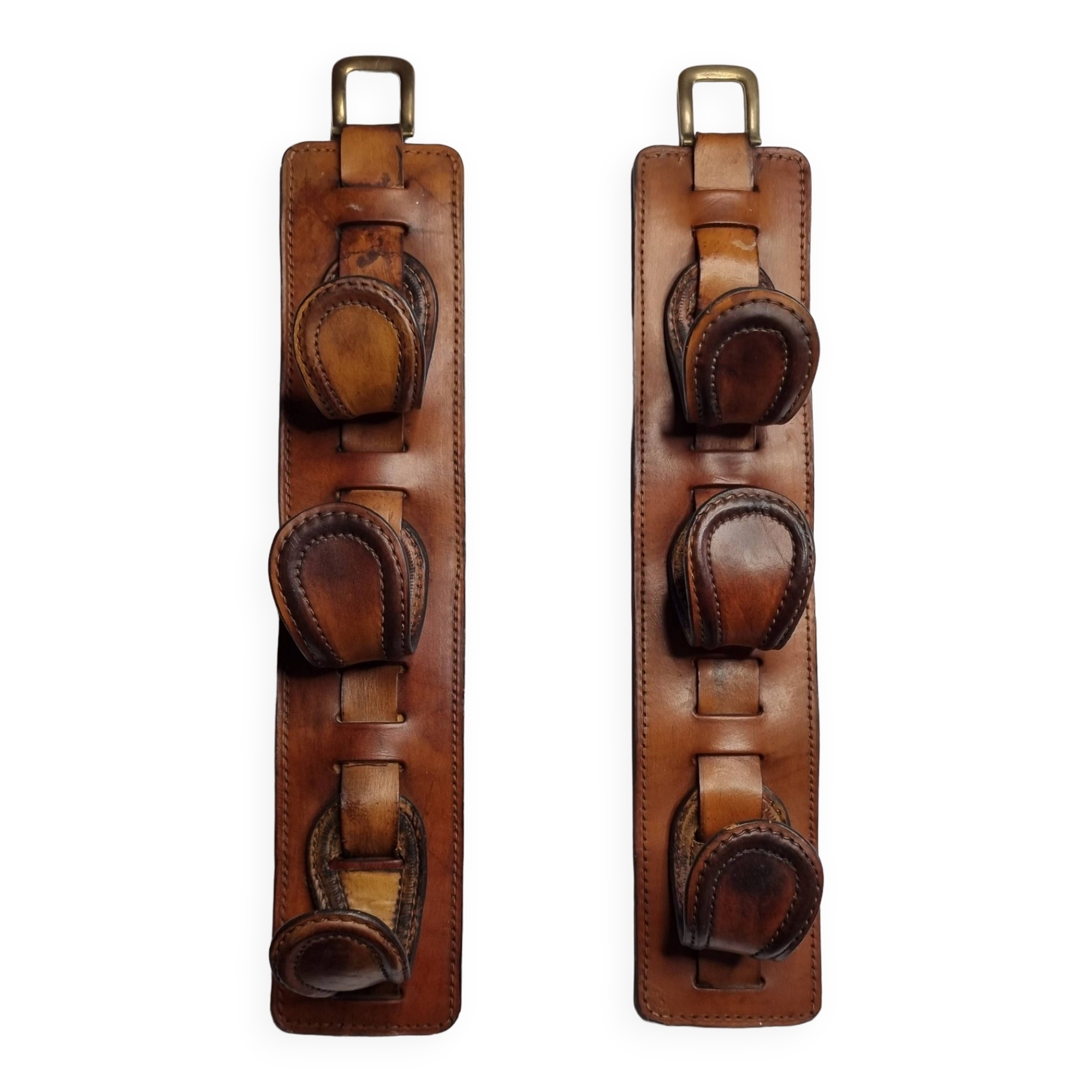 Pair of game bags in saddle leather and brass, old, 3 hooks, 57 cm