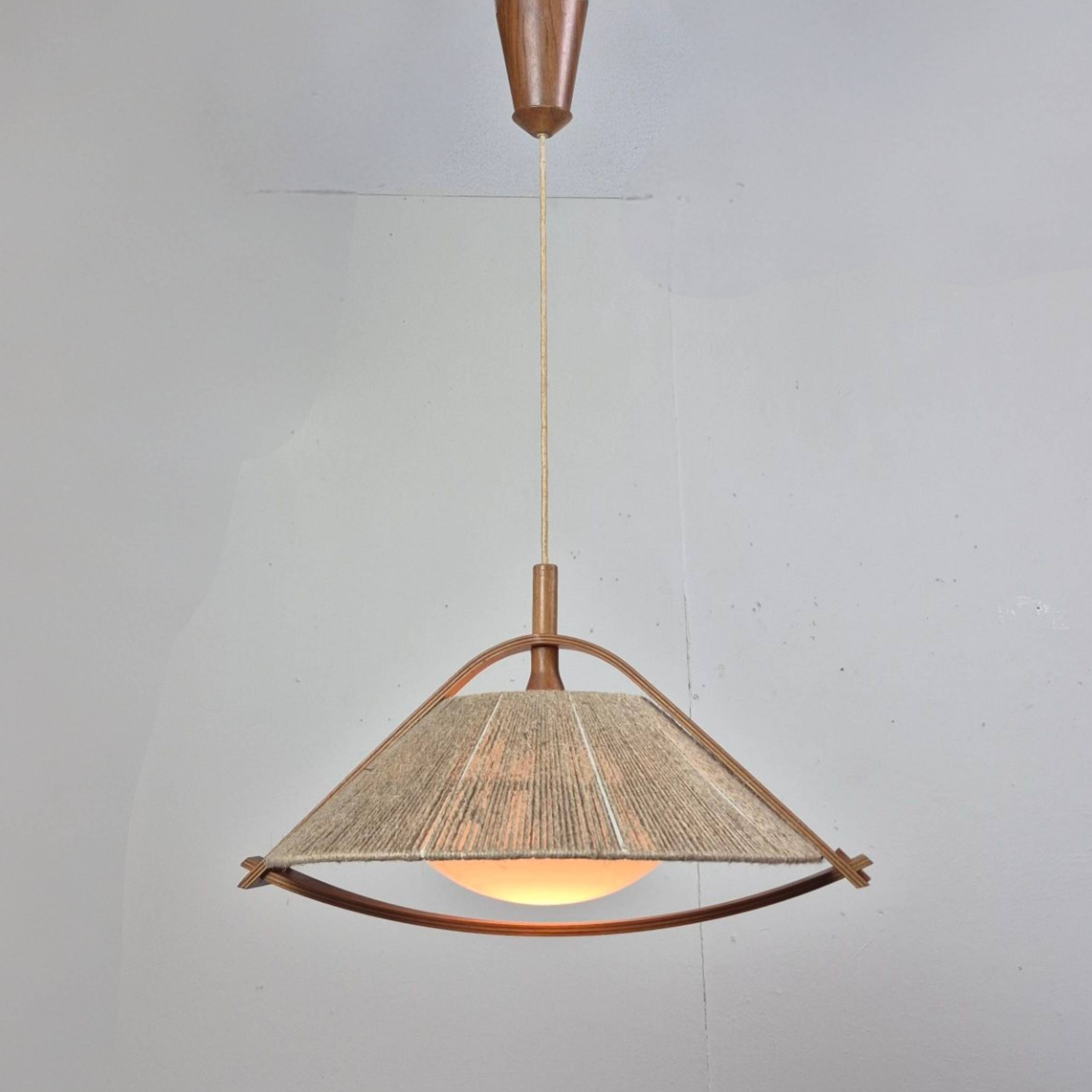 Wabi sabi sisal and plywood pendant lamp by Temde, Switzerland 1960s