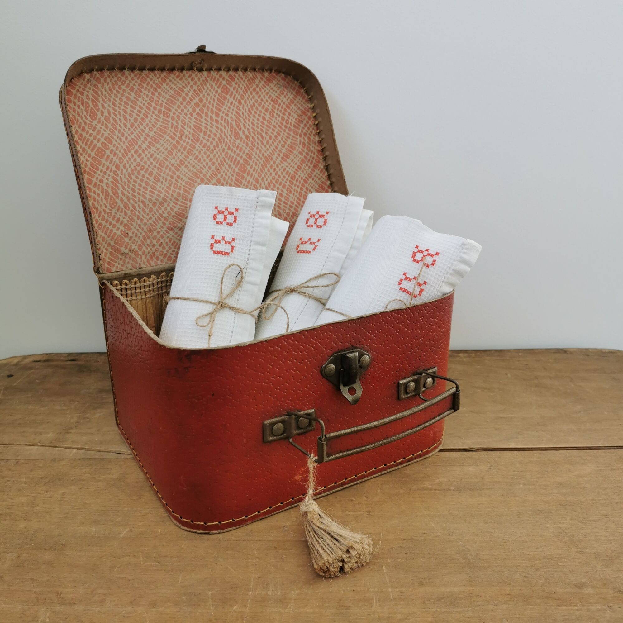 Old honeycomb tea towels embroidered