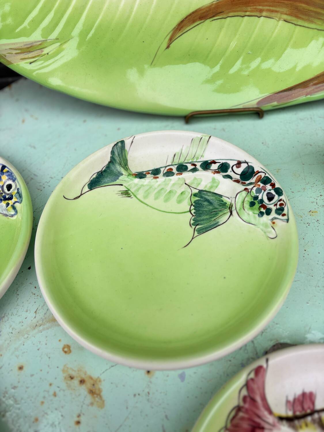 Vintage Vallauris ceramic dinnerware set. Fish design. 1960s