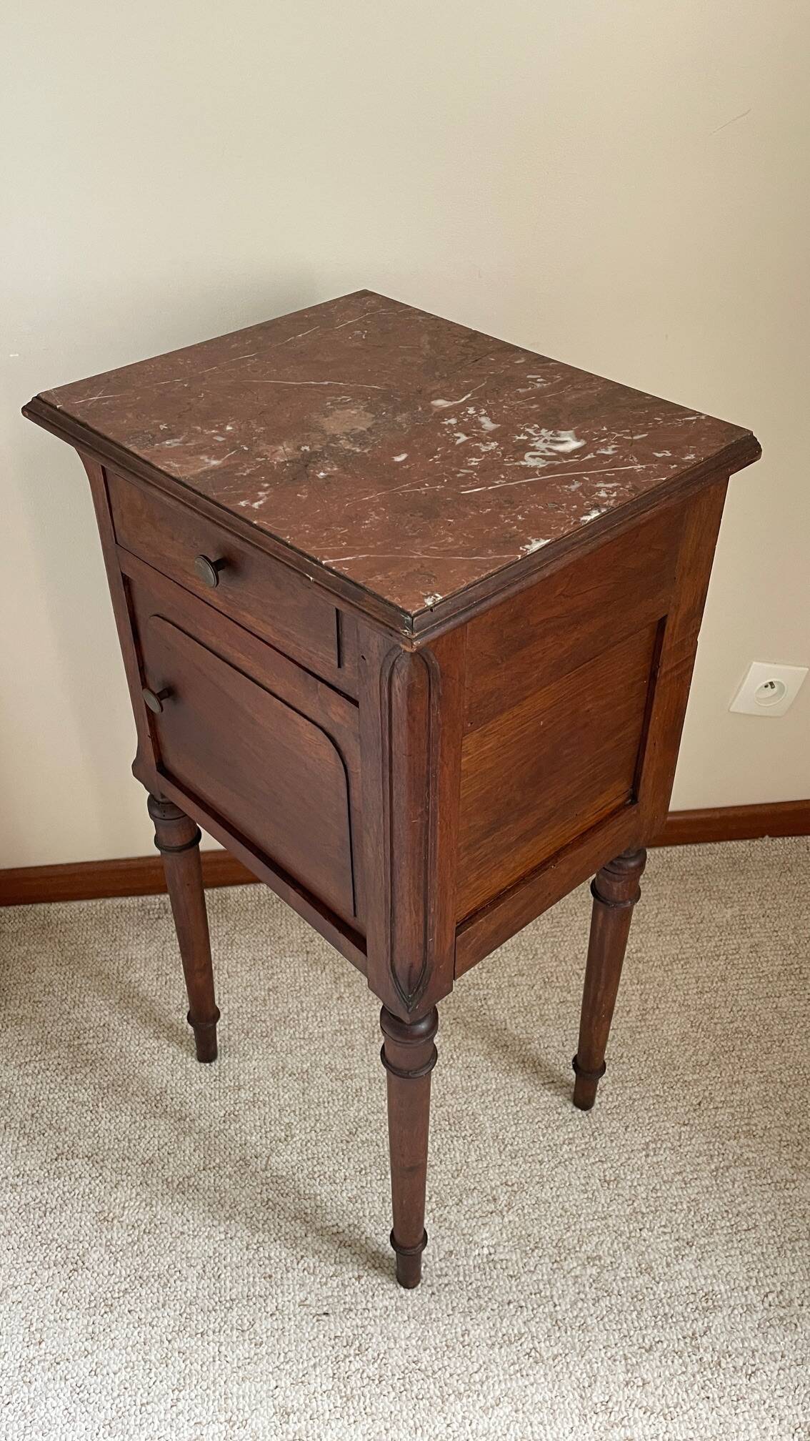 Antique bedside table in wood and marble