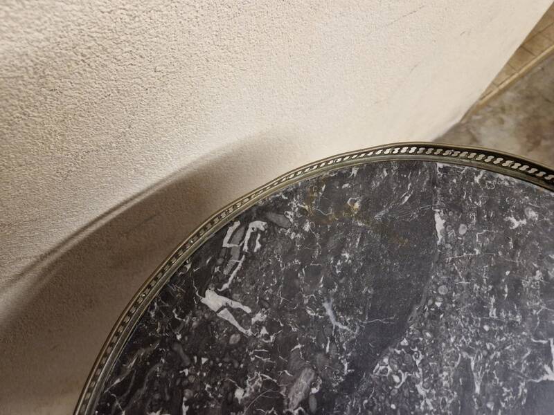Louis XVI style bouillotte table in mahogany with a grey marble top.