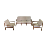 Salon scandinave vintage en teck — canapé 3 places et 2 fauteuils