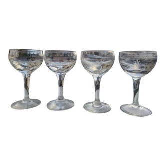 Set of 4 bistro glasses engraved early twentieth