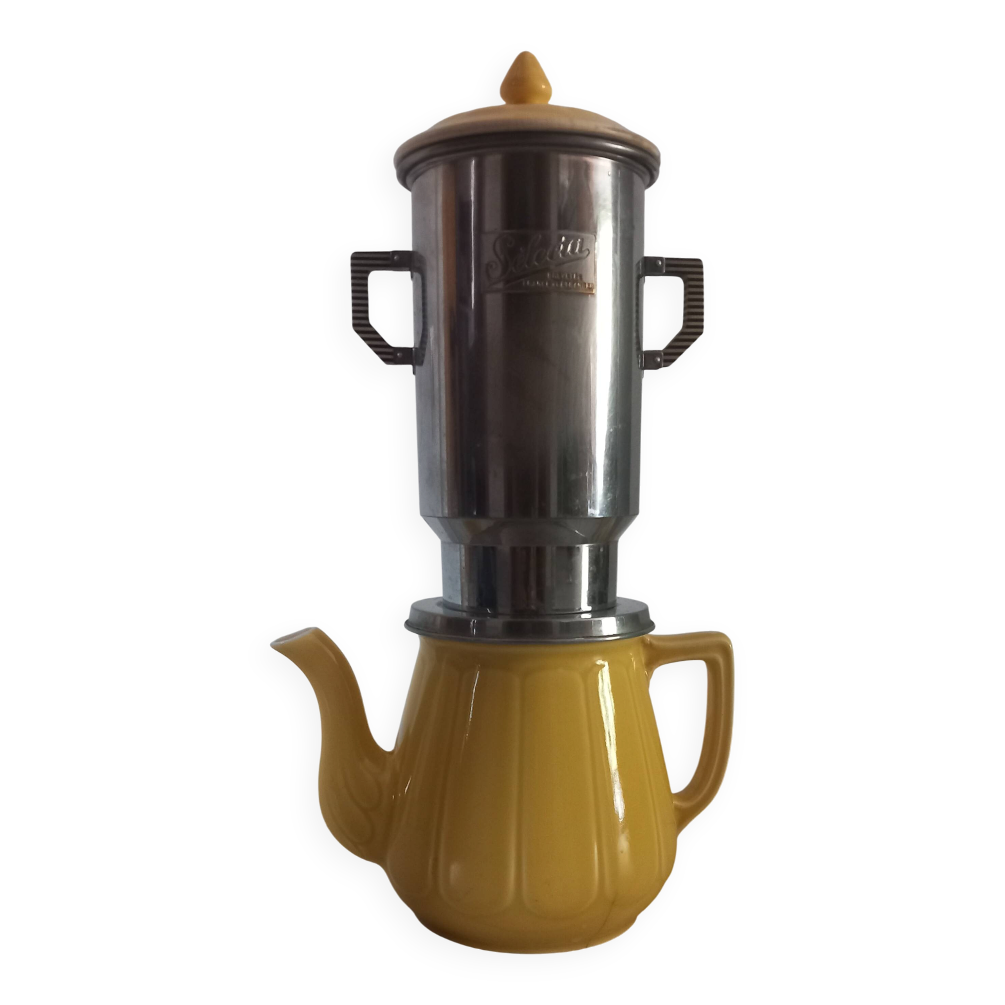 Yellow 1950s coffee pot porcelain and Bakelite selecta