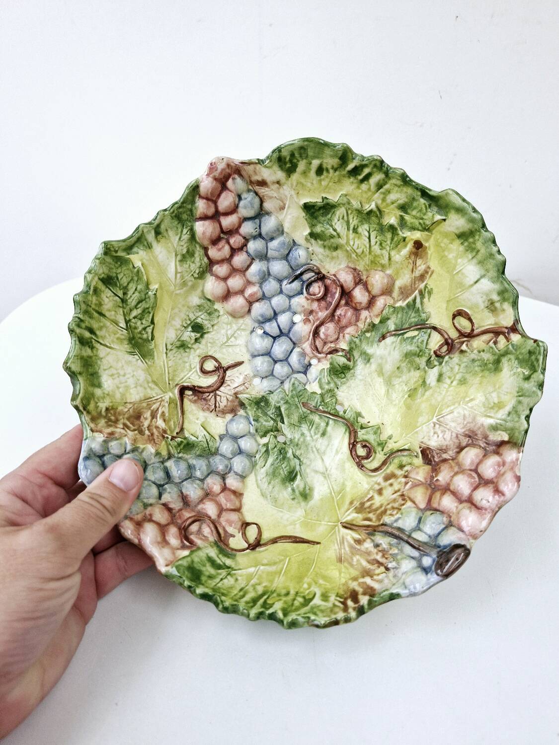 Vintage Draining Salad Bowl Signed GV In Grape Vine Leaf Barbotine