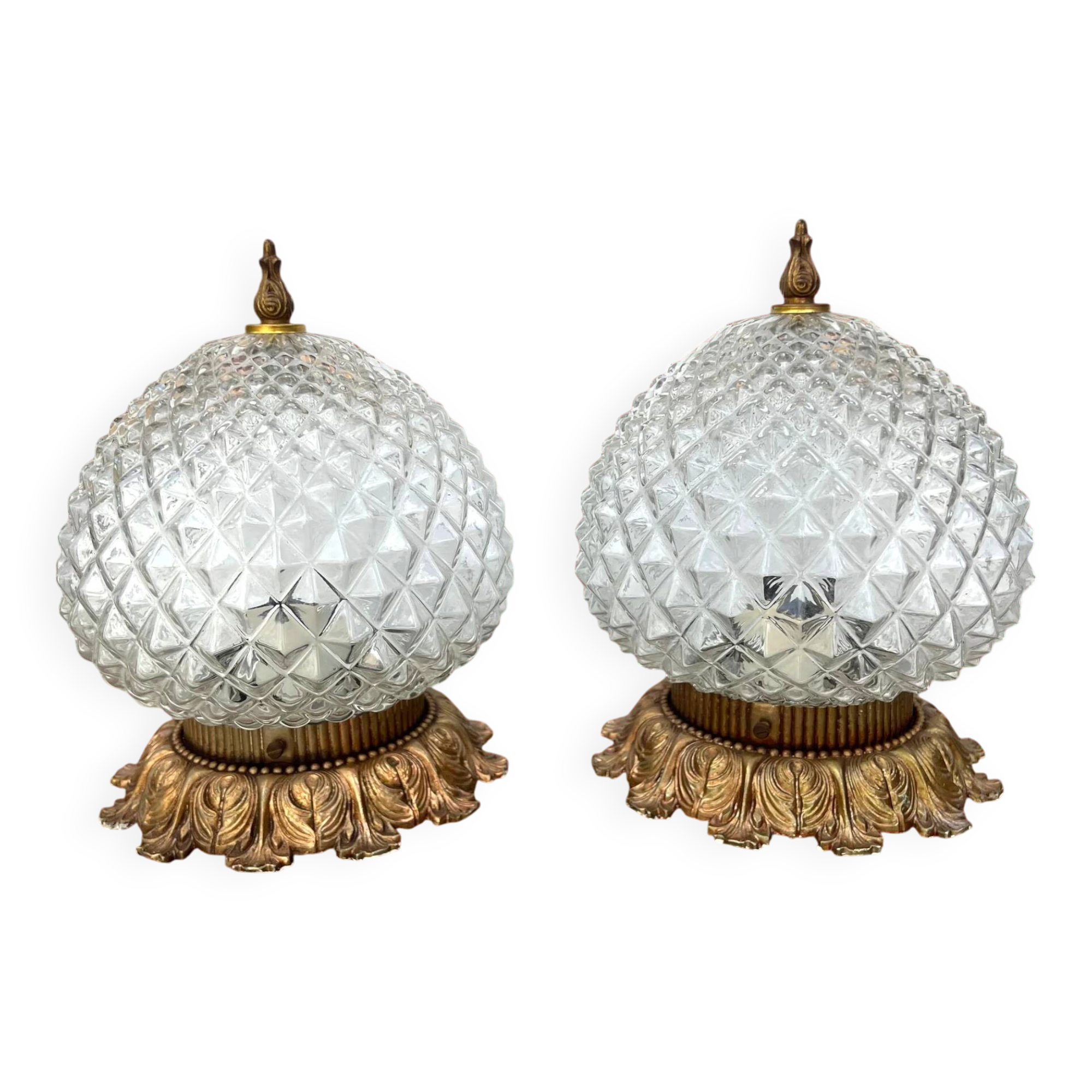 Pair of Massive Belgium ceiling lights in pressed glass and gold metal – late 1960s