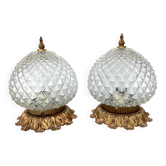 Pair of Massive Belgium ceiling lights in pressed glass and gold metal – late 1960s