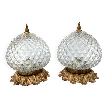 Pair of Massive Belgium ceiling lights in pressed glass and gold metal – late 1960s