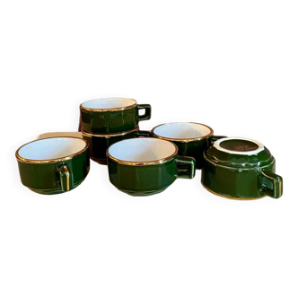 Set of 6 vintage bistot coffee cups, bottle green, heavy St.Amour porcelain, Apilco style.