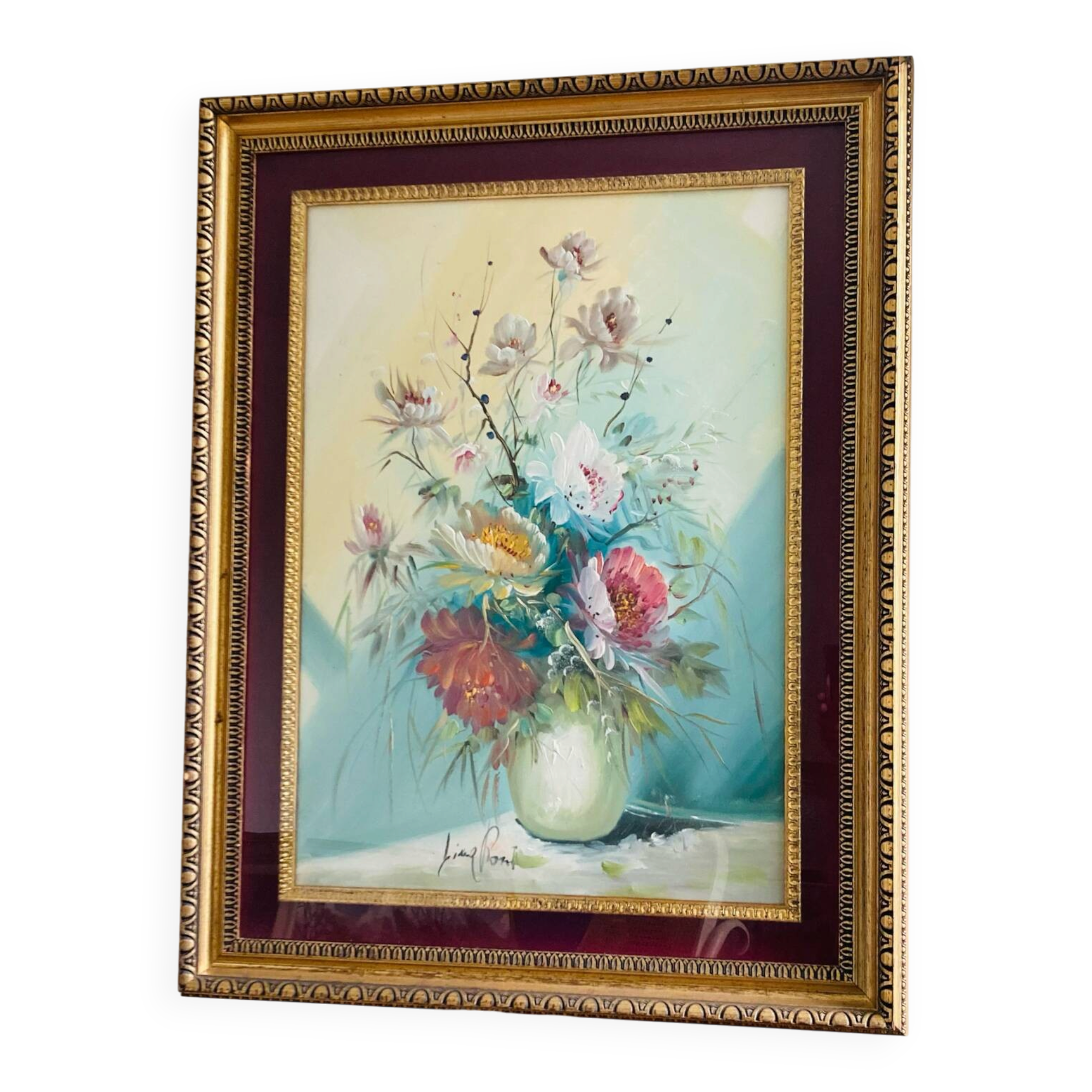 Large HST painting depicting a floral bouquet signed Lina Pont (?)