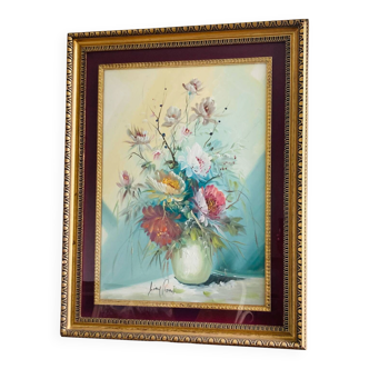 Large HST painting depicting a floral bouquet signed Lina Pont (?)
