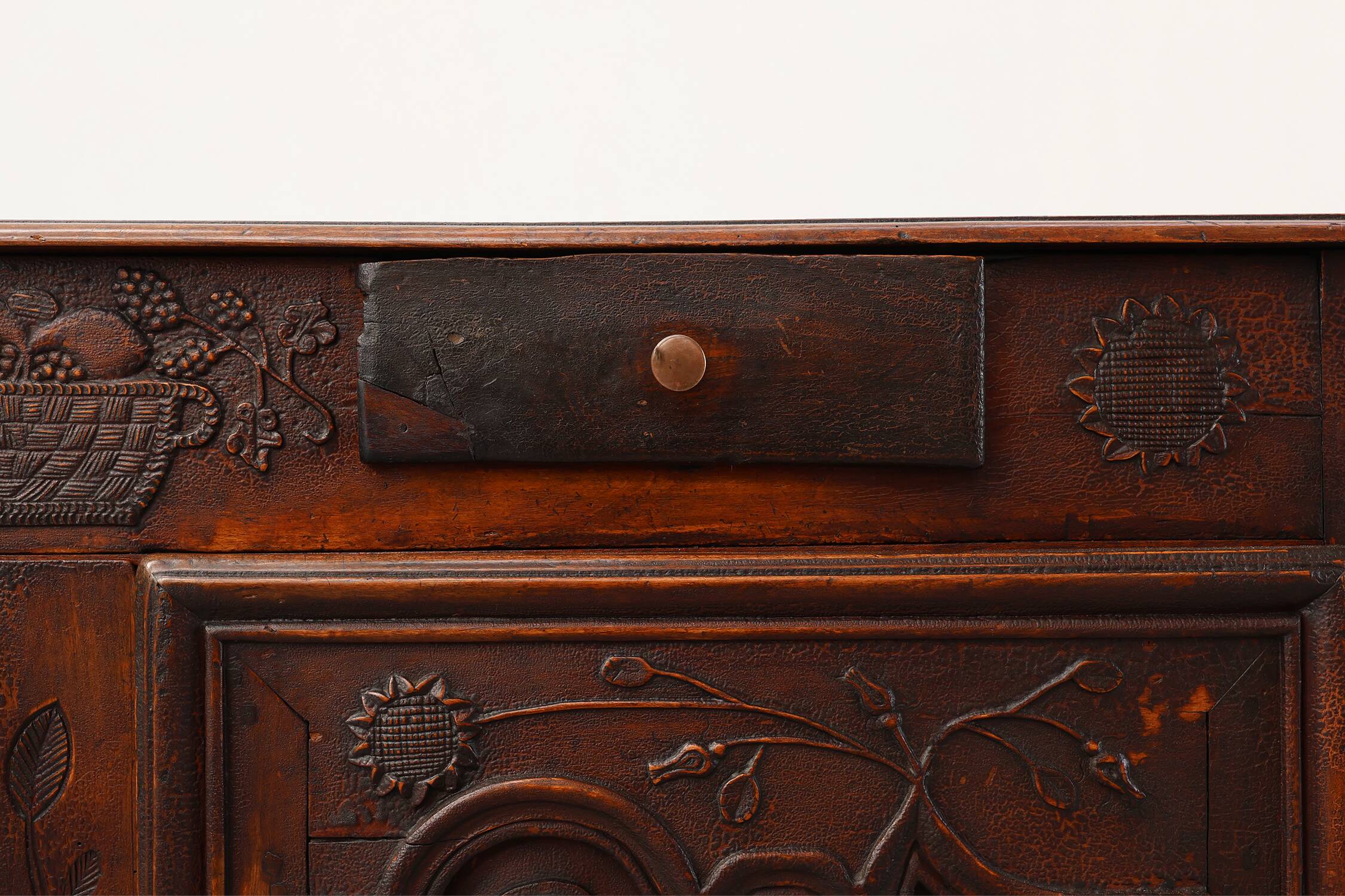 Rare French provincial carved cabinet or buffet with great patina, dated 18