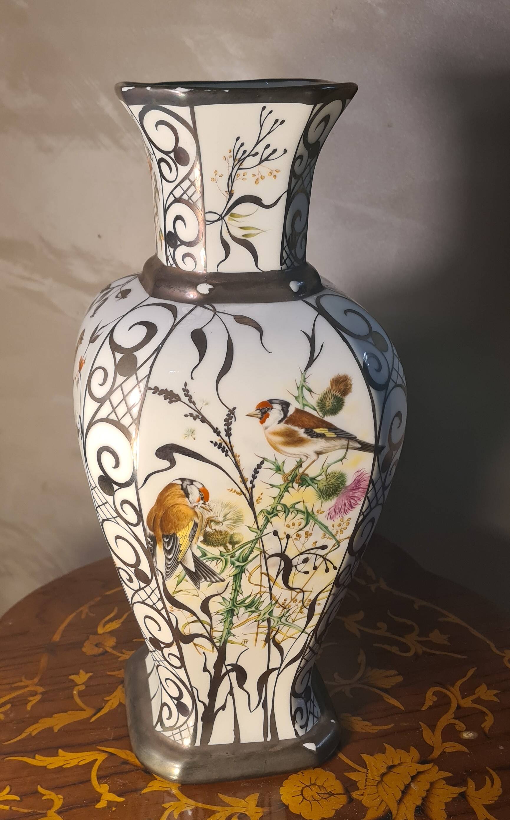 ceramic vase with birds BOHEMIA porcelain 1960 37x17 beautiful size