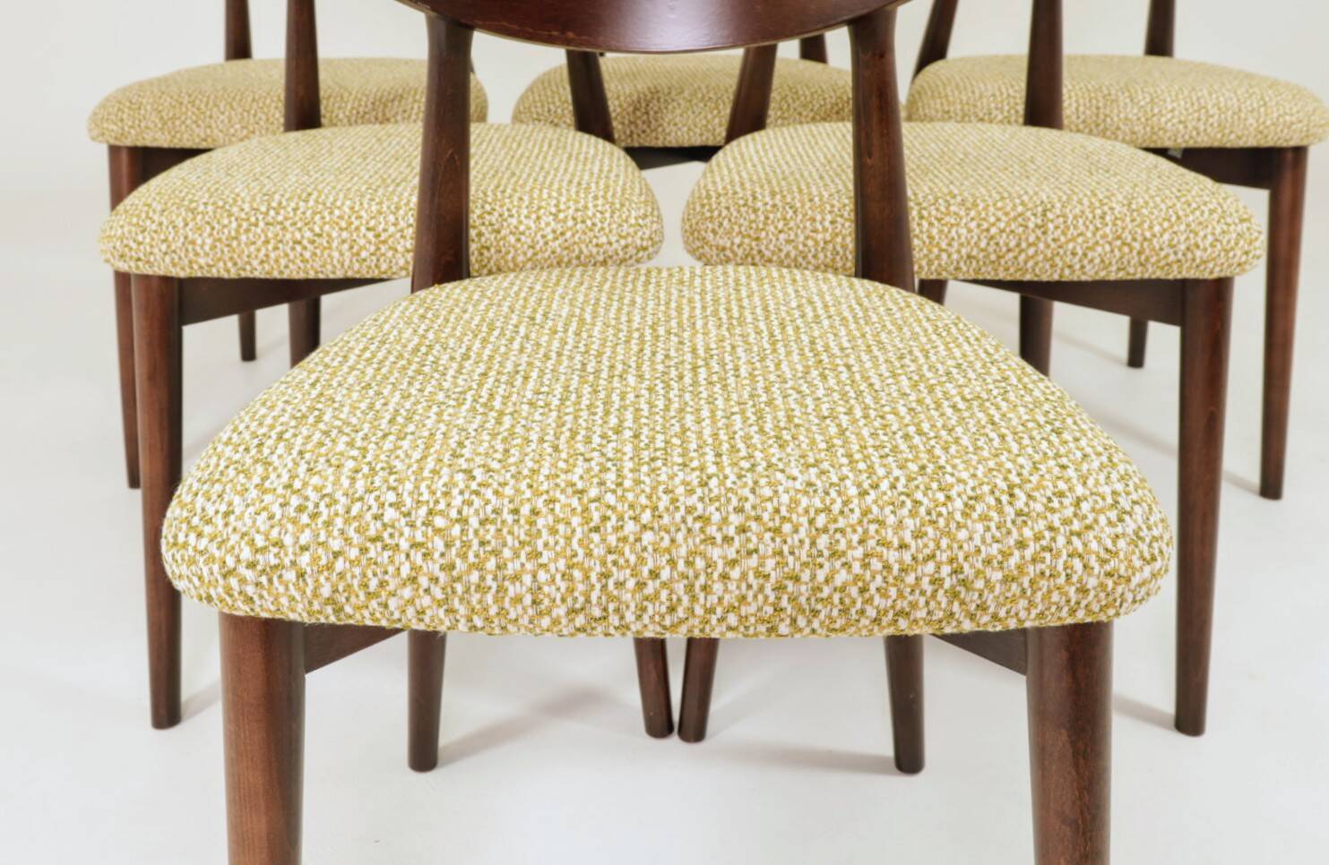 Set of 6 Dining Chairs, Light Beech Wood, Green Pattern  Fabric