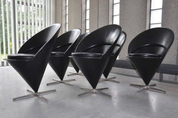 Set of 6 vintage black leather cone chairs by Verner Panton for Gebrüder Nehl