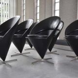 Set of 6 vintage black leather cone chairs by Verner Panton for Gebrüder Nehl