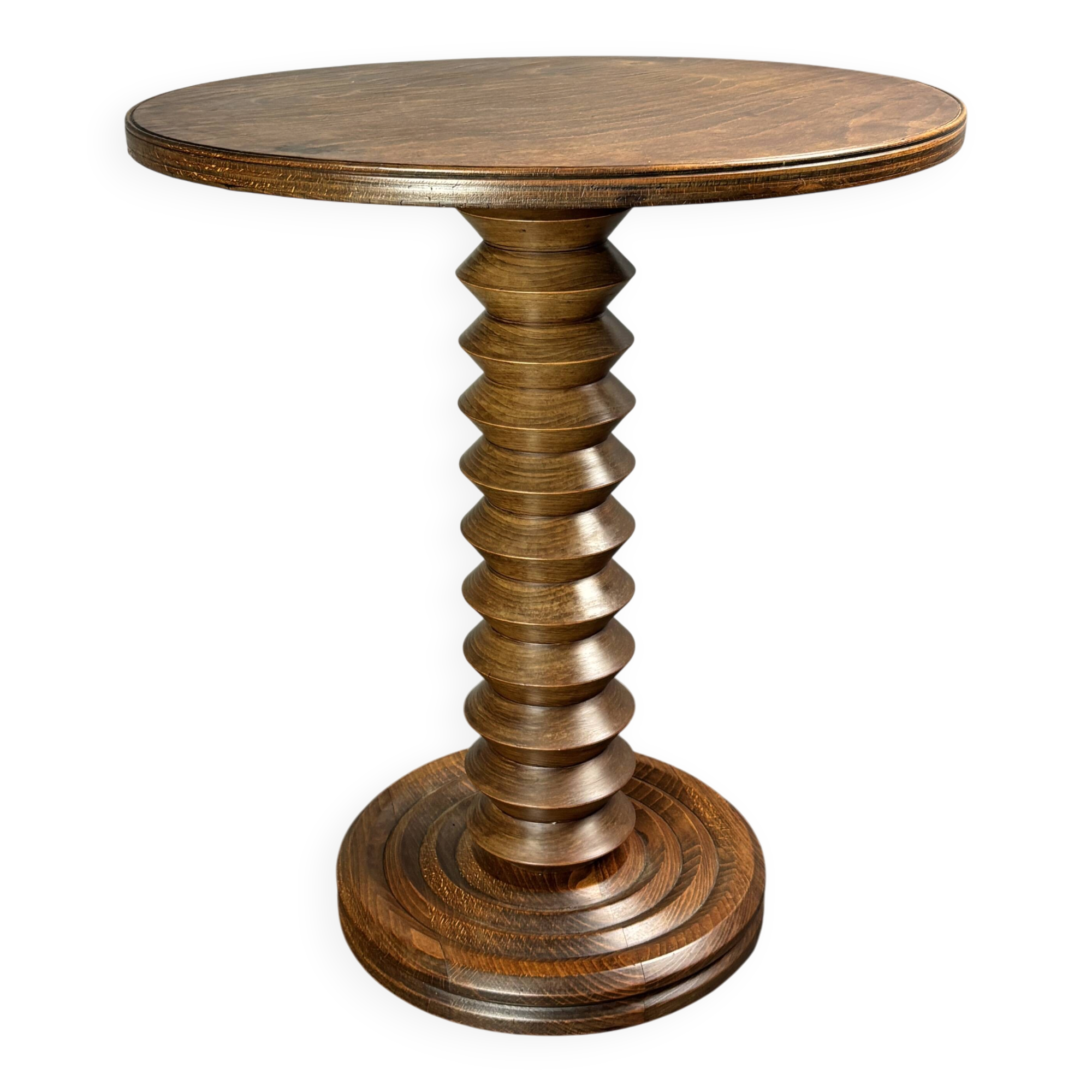 Midcentury brutalist wood turned side table in the style of Charles Dudouyt