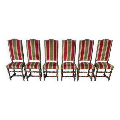 Suite de 6 chaises de style Louis XIII en bois tourné et velours