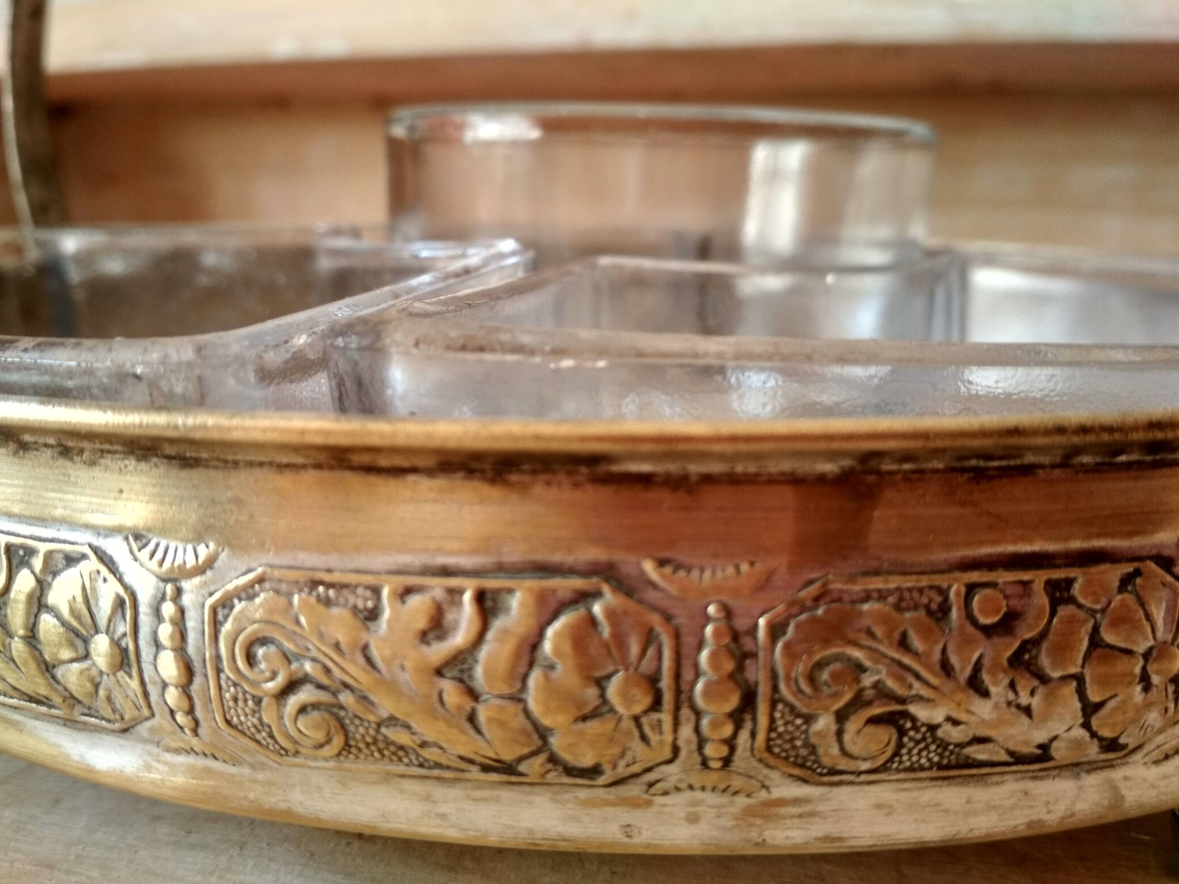 Appetizer tray, servant silver metal and its 5 ramekins 1930s cut glass