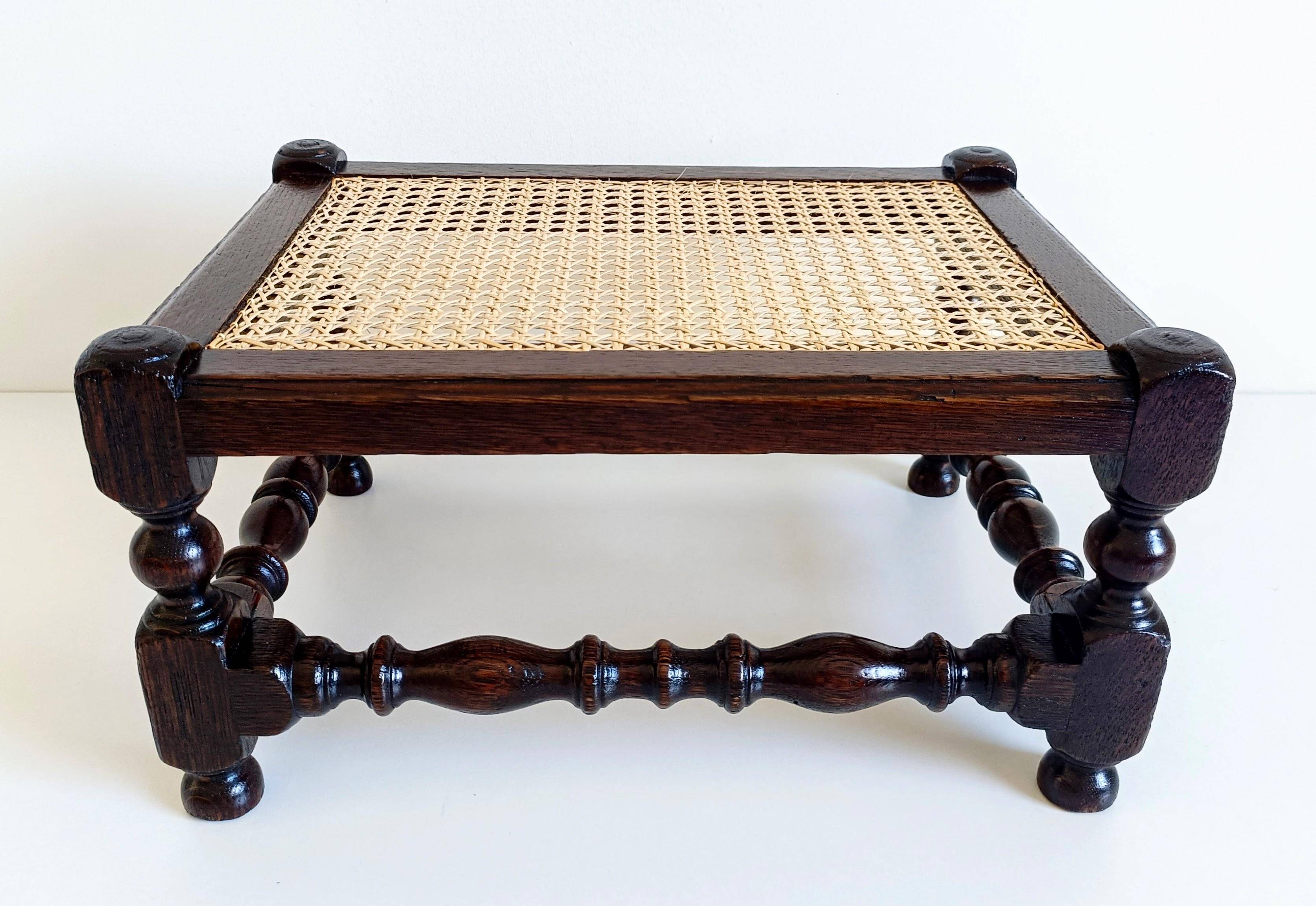 Antique Belle Epoque Oak Wood and Cane Footstool/ Occasional Table, late 19th-C