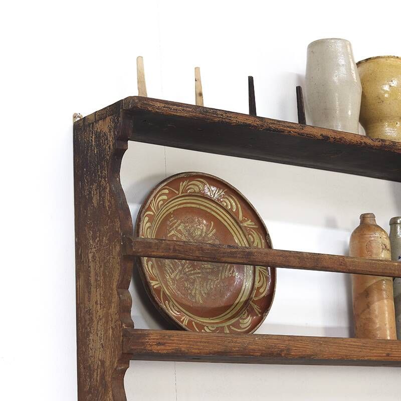 Antique Rustic Farmhouse Folk Art Kitchen Plate Rack / Schelves