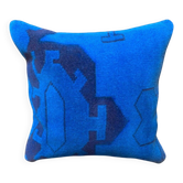 Blue Tribal Totem Rug Pillow, 16x16 Anatolian Wool Cushion