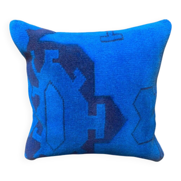 Blue Tribal Totem Rug Pillow, 16x16 Anatolian Wool Cushion
