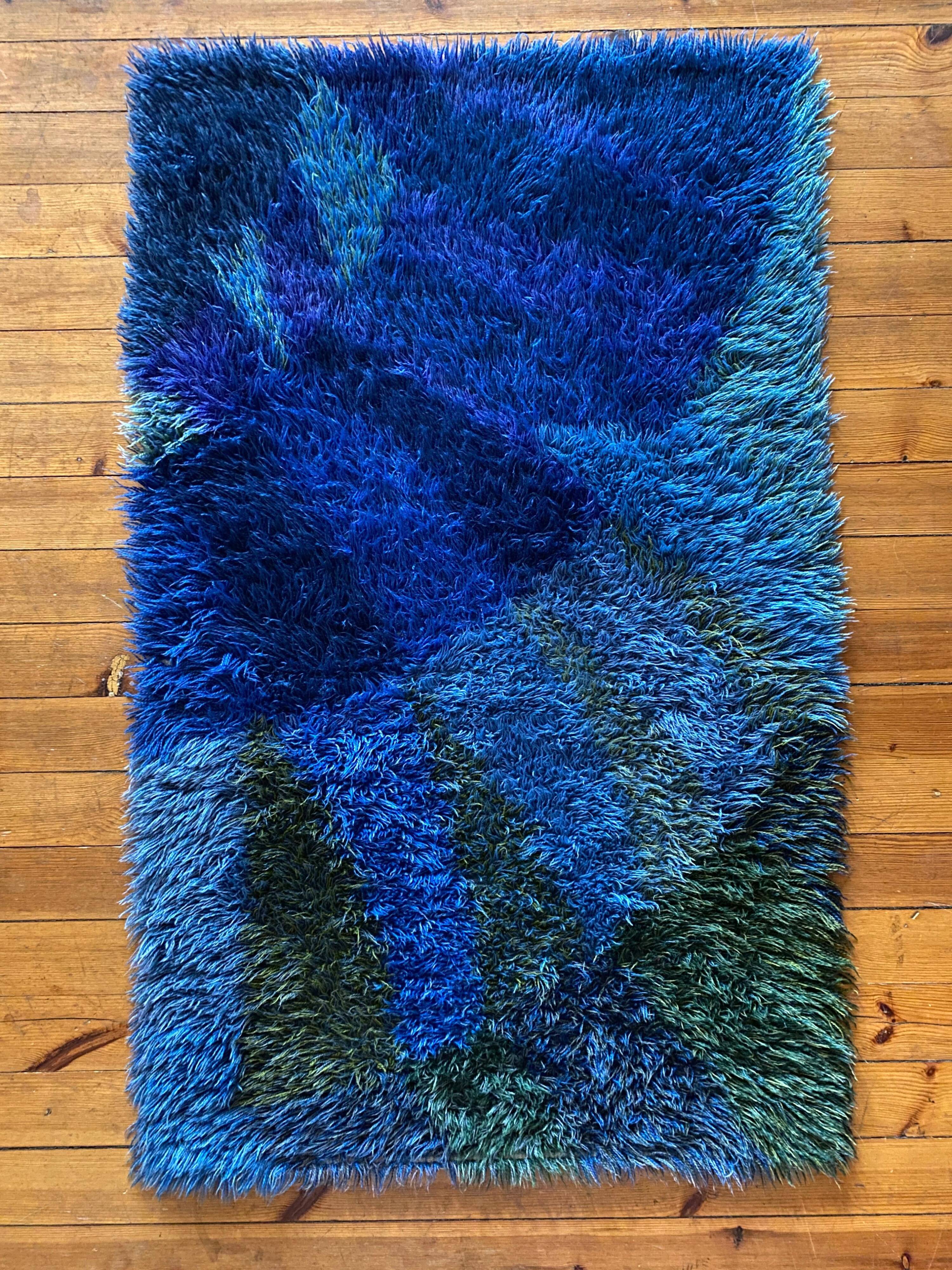 Mid-century Modern High Pile Blue Rya Rug, Sweden, 1960s