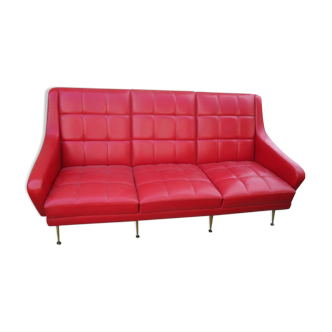 Canapé  Erton en skaï rouge surpiqué 1960