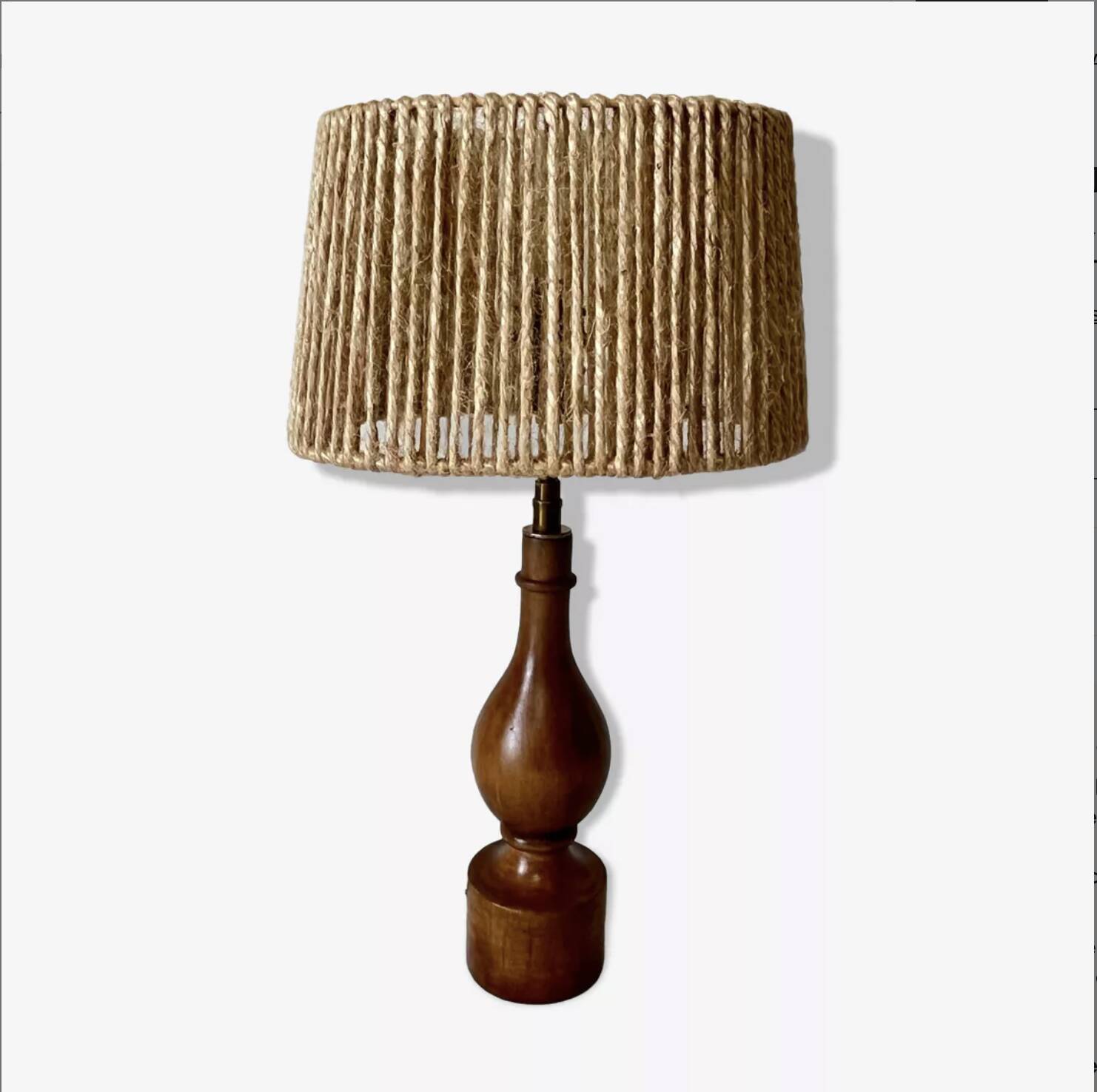 Philippe Capelle vintage 1970s table lamp in turned wood with rope shade