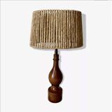 Philippe Capelle vintage 1970s table lamp in turned wood with rope shade