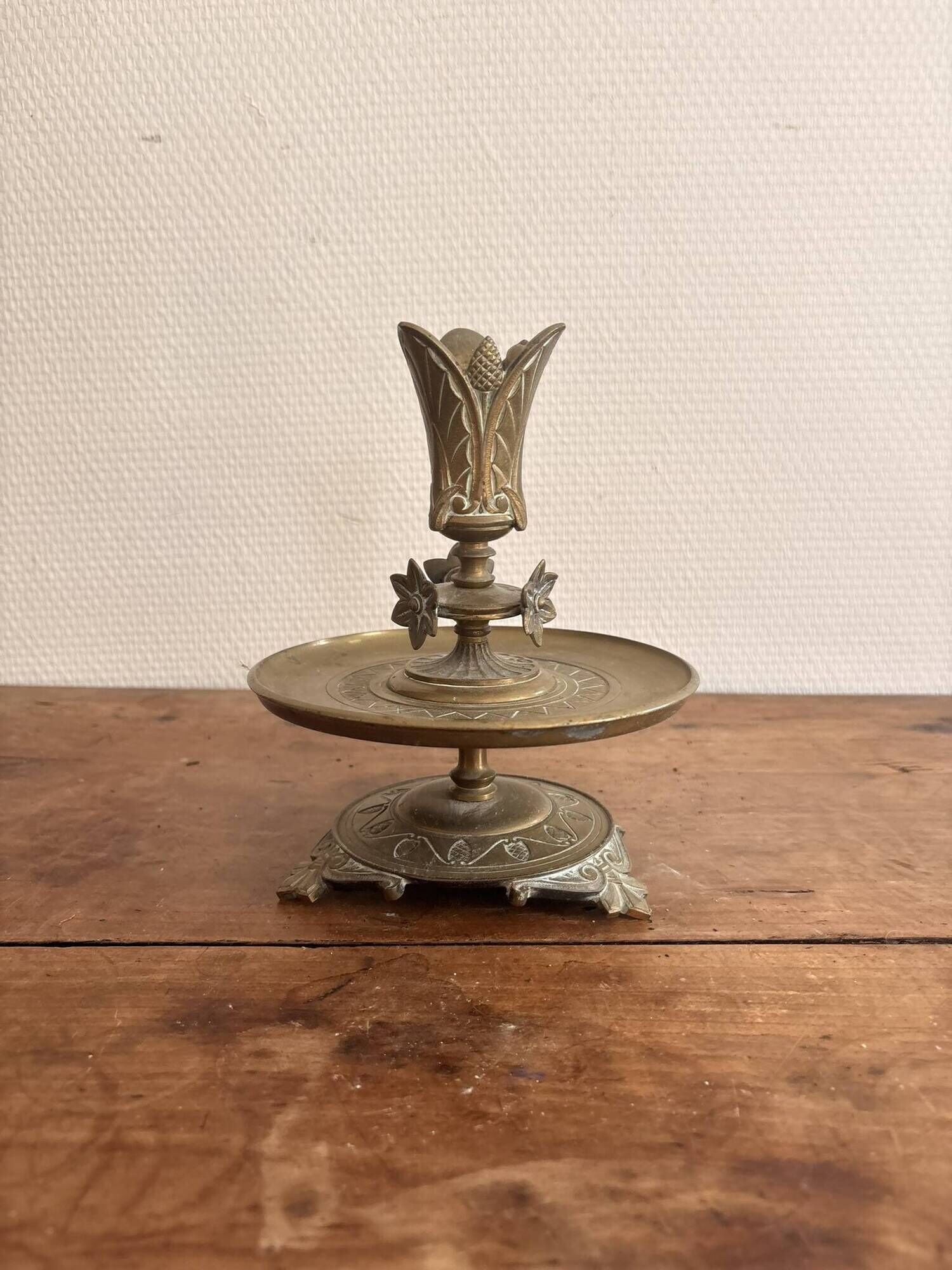 Bronze Carved Floral Lotus Flower Table Candle Holder Neo-Gothic Art Nouveau