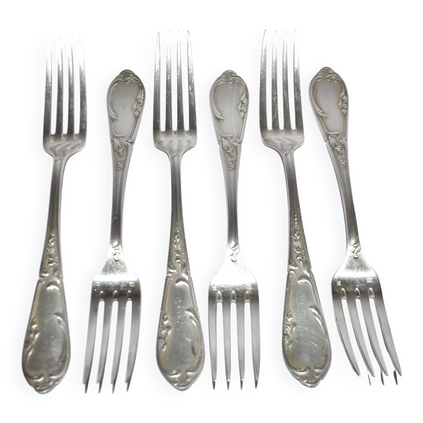 Lot de 6 Fourchettes de table rocaille MARLY vintage en métal argenté 21.5cm