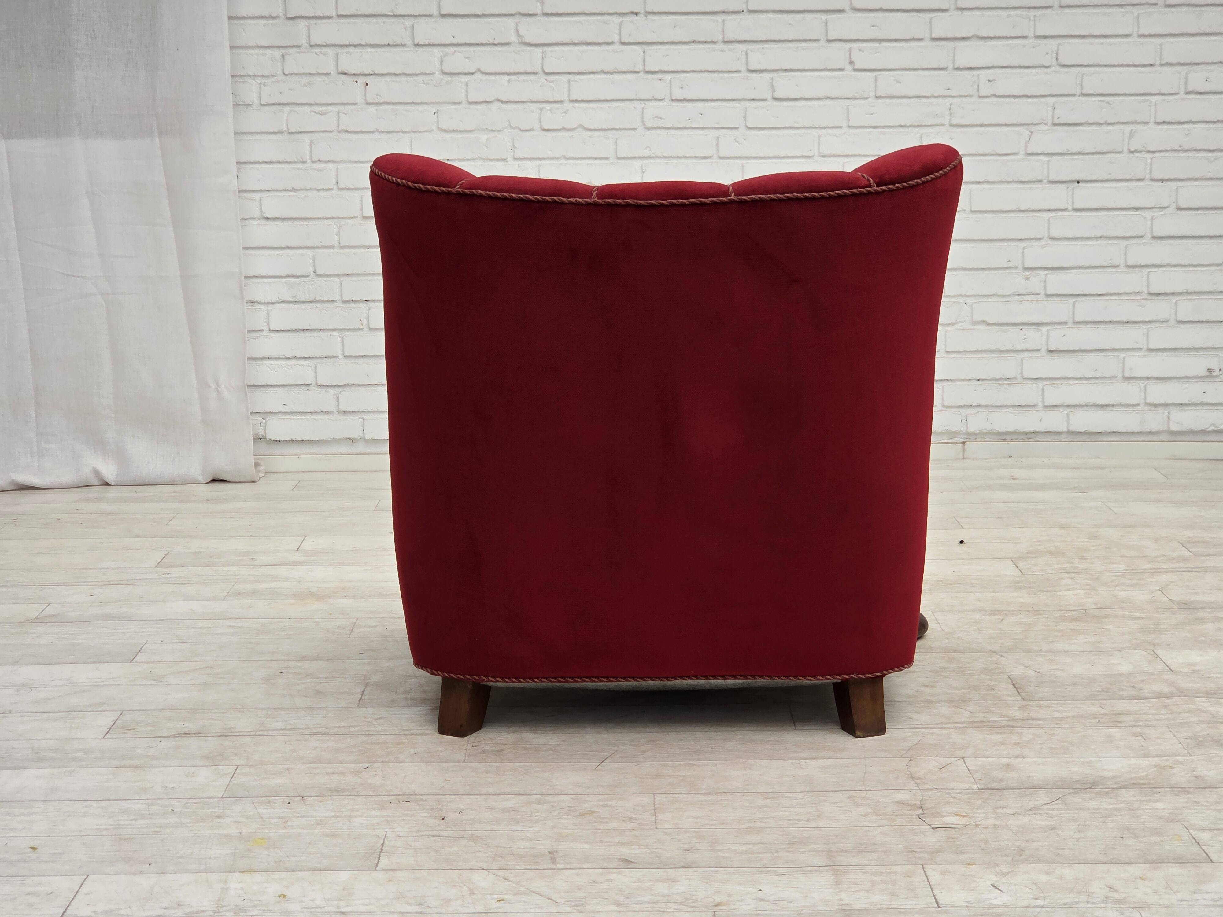 1950s, Danish relax armchair, furniture velour, carved oak wood.