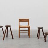 Brutalist French solid oak tripod stool with metal rim, 1850s
