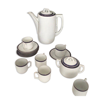 White coffee set navy blue fillet Bavarian porcelain