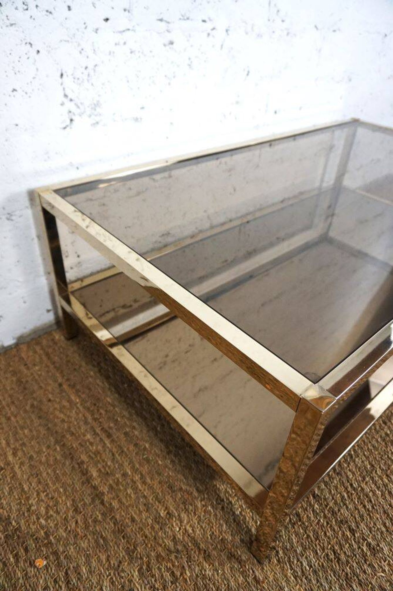 Gold chrome coffee table with double smoked glass tops 1970s