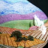 Art Deco stoneware vase, hand-painted with a country landscape