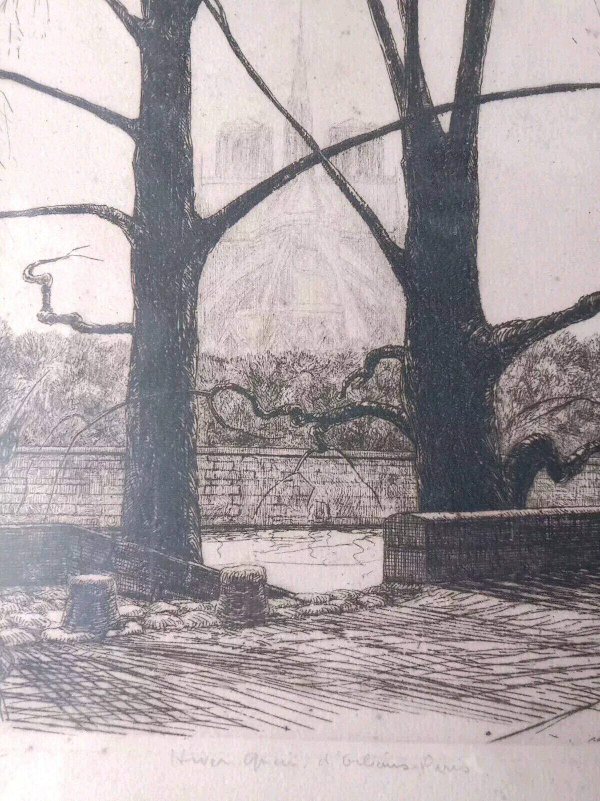 Paris Quai d'Orléans Etching Signed Jean Jules Dufour 1889 1973