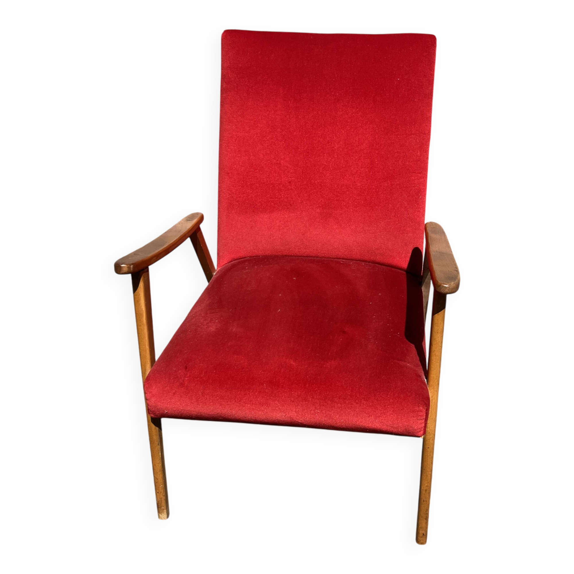 Vintage Armchair 50s/60s Scandinavian Style - Red Velvet and Compass
