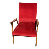 Fauteuil style scandinave en velours rouge et pieds compas, années 50-60