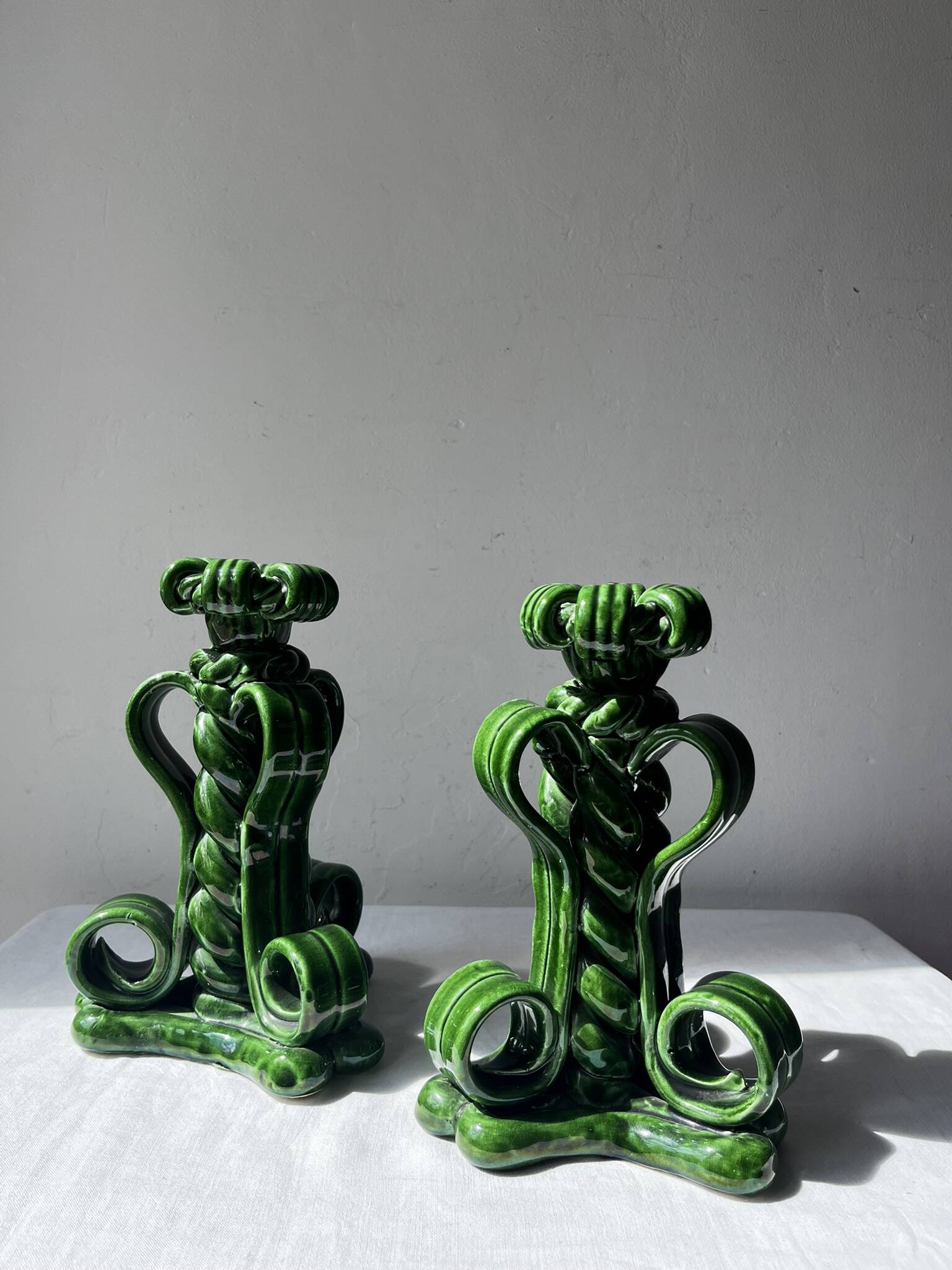 Lot of woven ceramic candle holders in green Vallauris.