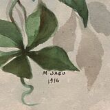 Aquarelle sur papier nature morte jeté de fleurs XXe par M. Jagu 1914